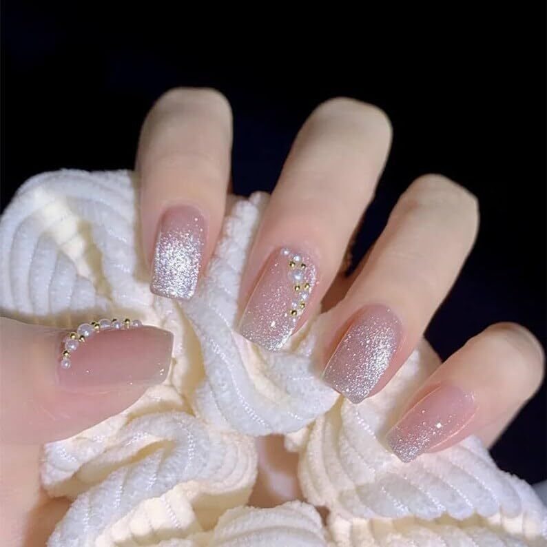 CherryBox artificial nails extension pink silver color with 3D white and golden pearl fake nails design 24 pieces set (Jelly Stick Sheet and Glue Included)