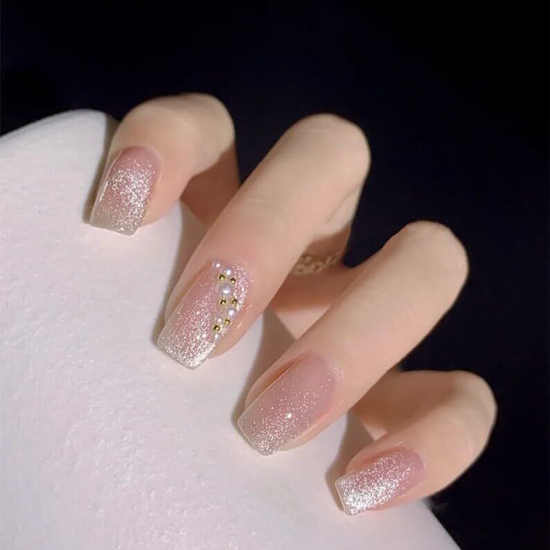 Cherrybox Artificial Nails Extension - Acrylic Material, Standard Size, Pink Silver Color With 3d White And Golden Pearl Design, 24 Pieces Set With Jelly Stick Sheet And Glue Included