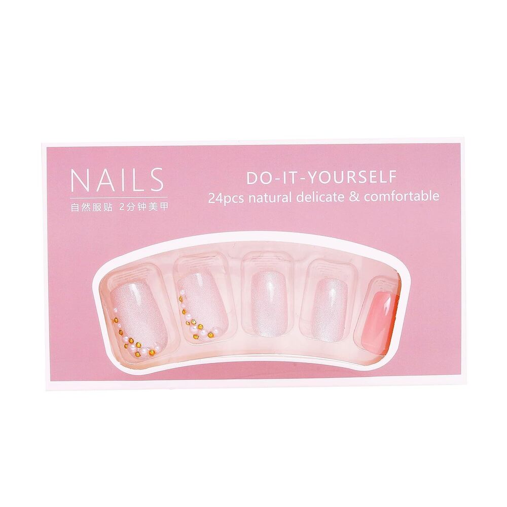 CherryBox artificial nails extension pink silver color with 3D white and golden pearl fake nails design 24 pieces set (Jelly Stick Sheet and Glue Included)