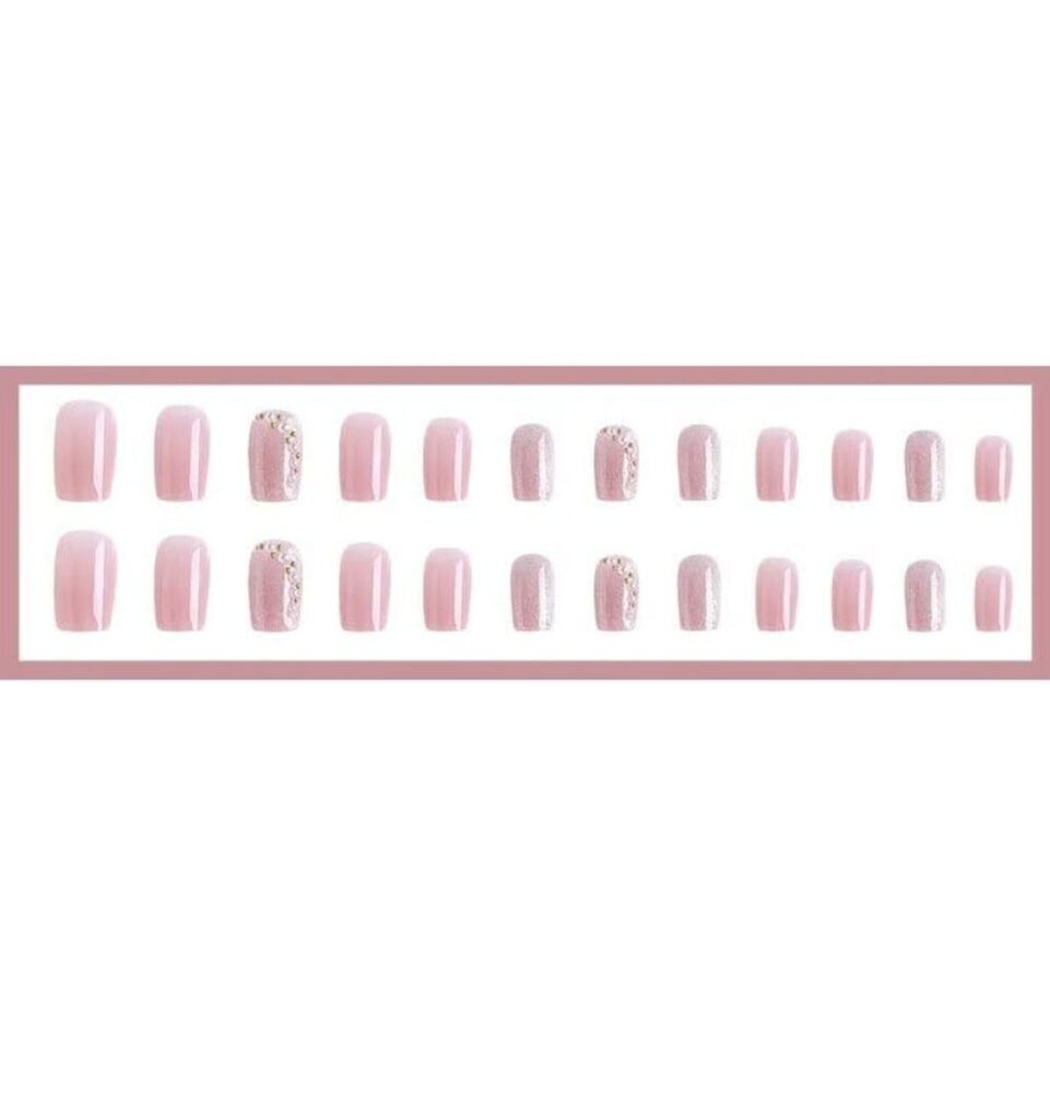 Cherrybox Artificial Nails Extension - Acrylic Material, Standard Size, Pink Silver Color With 3d White And Golden Pearl Design, 24 Pieces Set With Jelly Stick Sheet And Glue Included