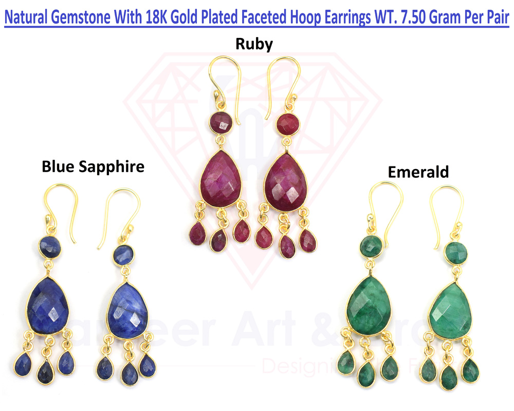 Natural Gemstone With 18K Gold Plated Handmade Pear Shape Faceted Cut Stone Hoop Earrings