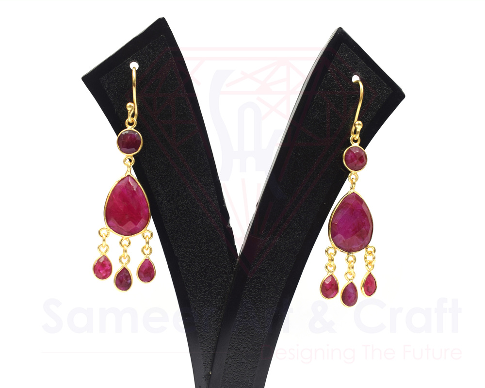 Natural Gemstone With 18K Gold Plated Handmade Pear Shape Faceted Cut Stone Hoop Earrings