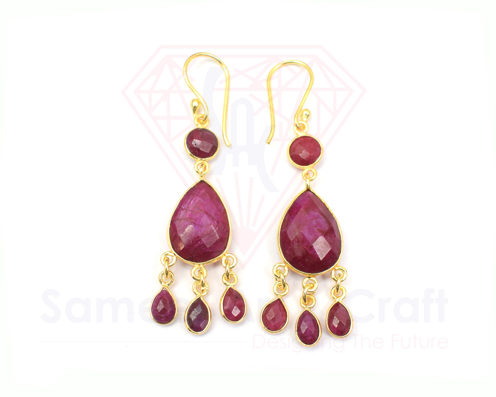 Natural Gemstone With 18K Gold Plated Handmade Pear Shape Faceted Cut Stone Hoop Earrings