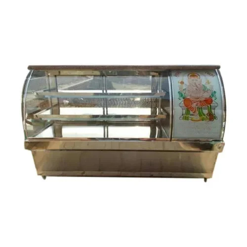 Curved Glass Display Counter - 10mm Thick Glass, Stainless Steel, Silver Finish | 3 Adjustable Shelves, Elegant 3 To 8 Feet Tall Design