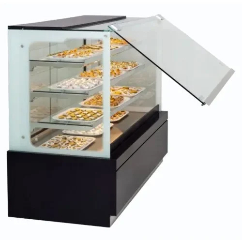 Glass Sweet Display Counter - Polished Stainless Steel, 4 Shelves, 10mm Thick Glass, Available In 3 To 8 Feet Height, Sleek Black Design