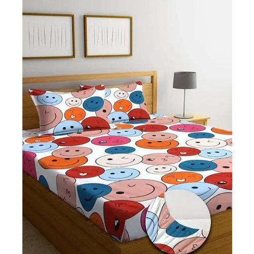 Cotton All Round Elastic Fitted Double Bedsheet With 2 Pillow Cover - Color: Different Available