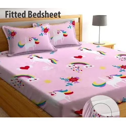 Modern Glace Cotton All Round Elastic Fitted Double Bedsheet With 2 Pillow Cover - Color: Different Available