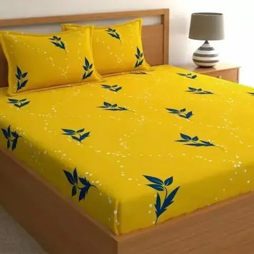 Leaf Printed All Round Elastic Fitted Double Bedsheet With 2 Pillow Cover - Color: Different Available