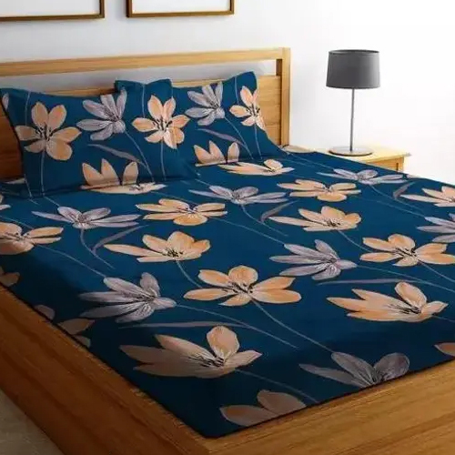 Modern Cotton All Round Elastic Fitted Double Bed Bedsheet With 2 Pillow Cover - Color: Different Available