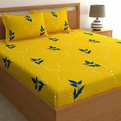 Cotton Elastic Fitted Double Bed Bedsheet With 2 Pillow Cover - Color: Different Available