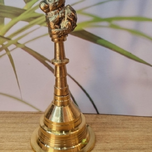 Aakrati Hand Bell Nandi Figure On The Top Decorative Showpiece - 10 Cm (Brass, Yellow) - Color: Yellow