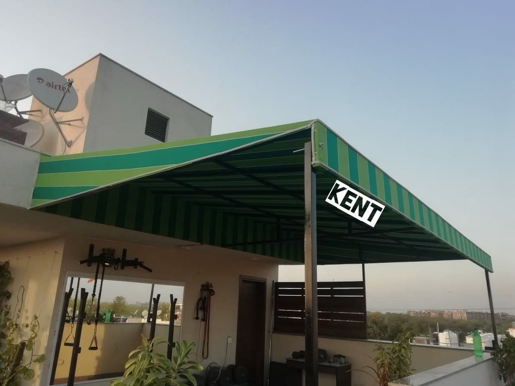 Outdoor Fixed Awning - Mild Steel Frame, Green Color, White Polished Finish | Waterproof, Uv Protected, Manual Operation, Ideal For High Rise Buildings