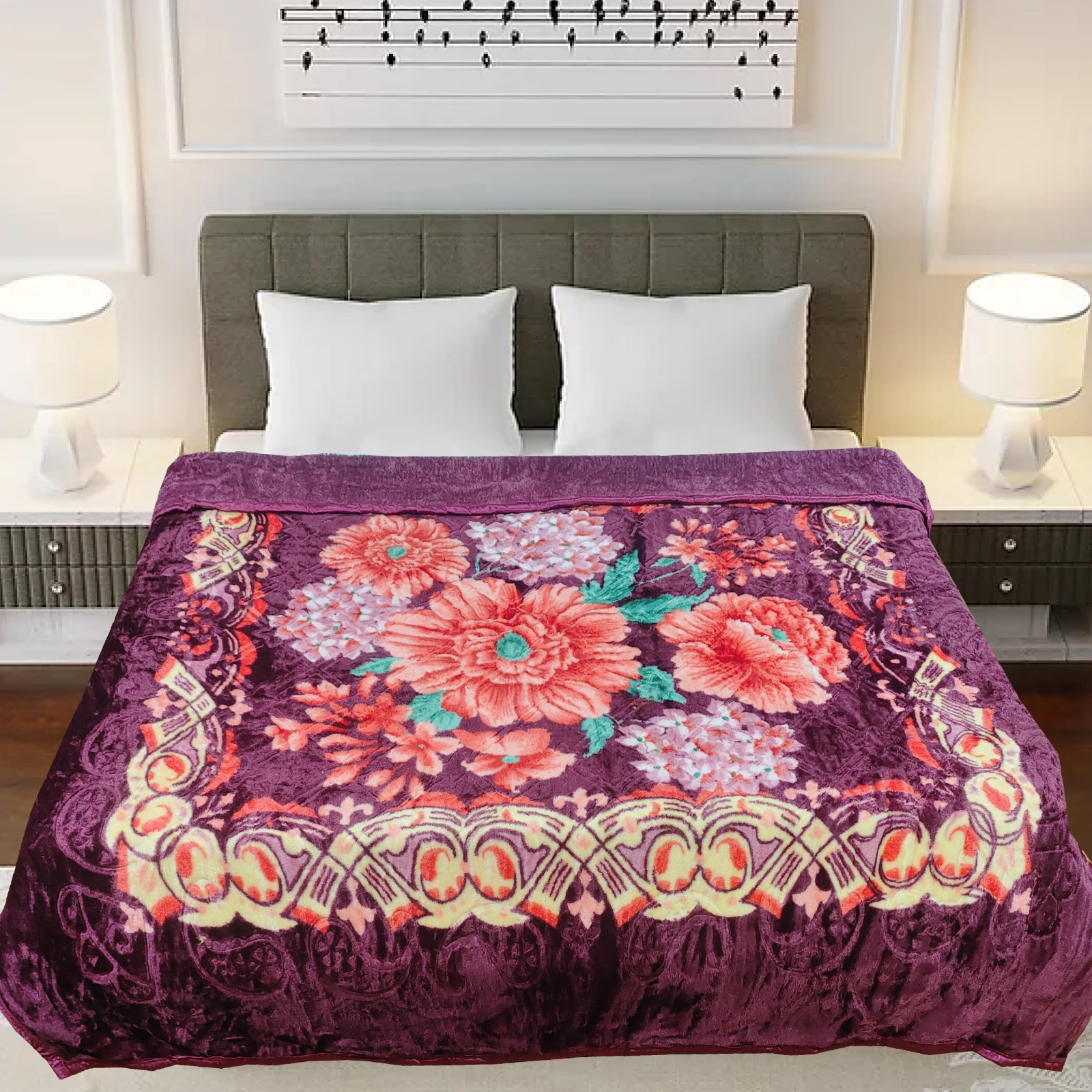 Printed Mink Blanket - Luxuriously Soft Mink Fabric, Extra Large Size 60x80 Inches, Elegant Floral Pattern, Ideal For Cozy Home Decor