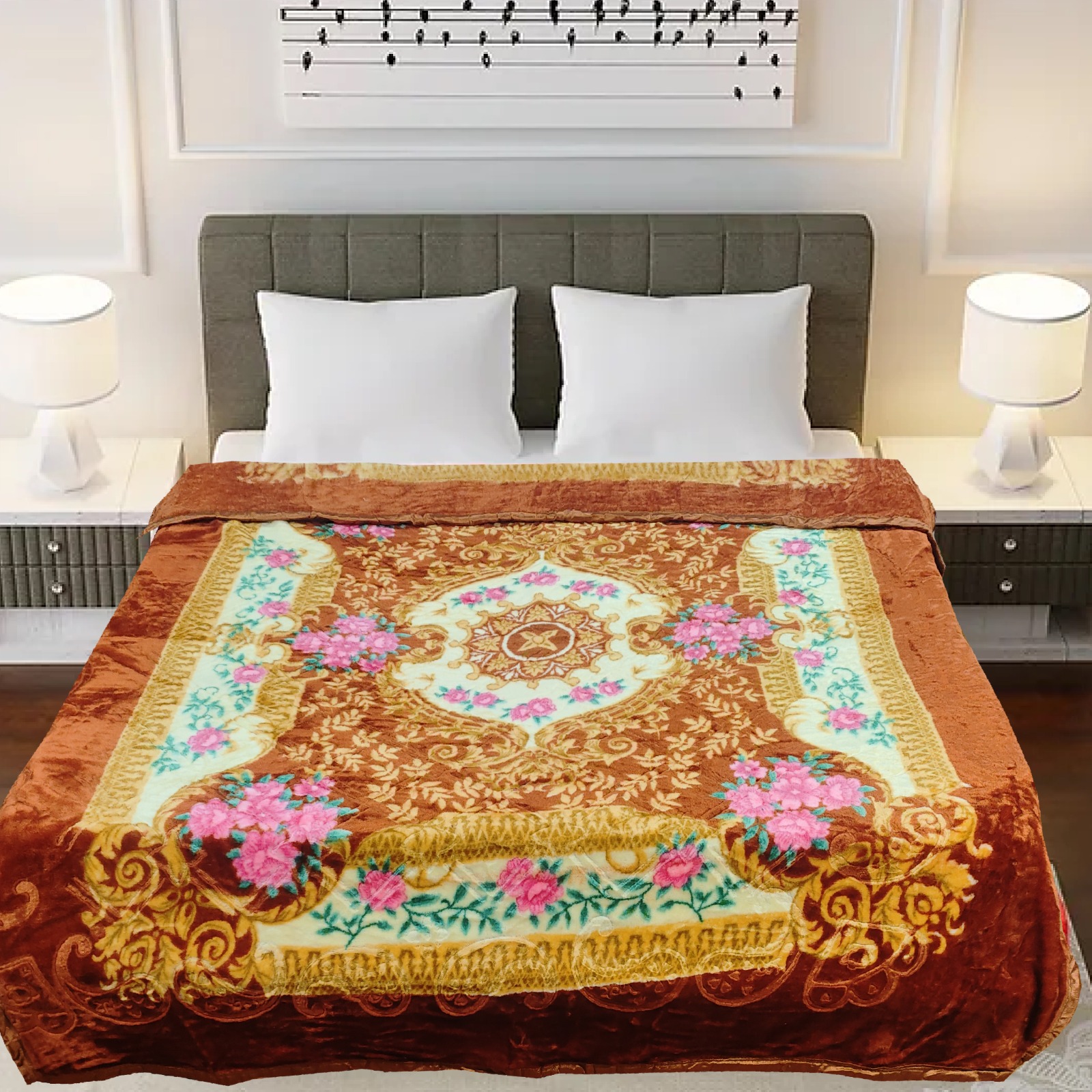 Printed Mink Blanket - Luxuriously Soft Mink Fabric, Extra Large Size 60x80 Inches, Elegant Floral Pattern, Ideal For Cozy Home Decor