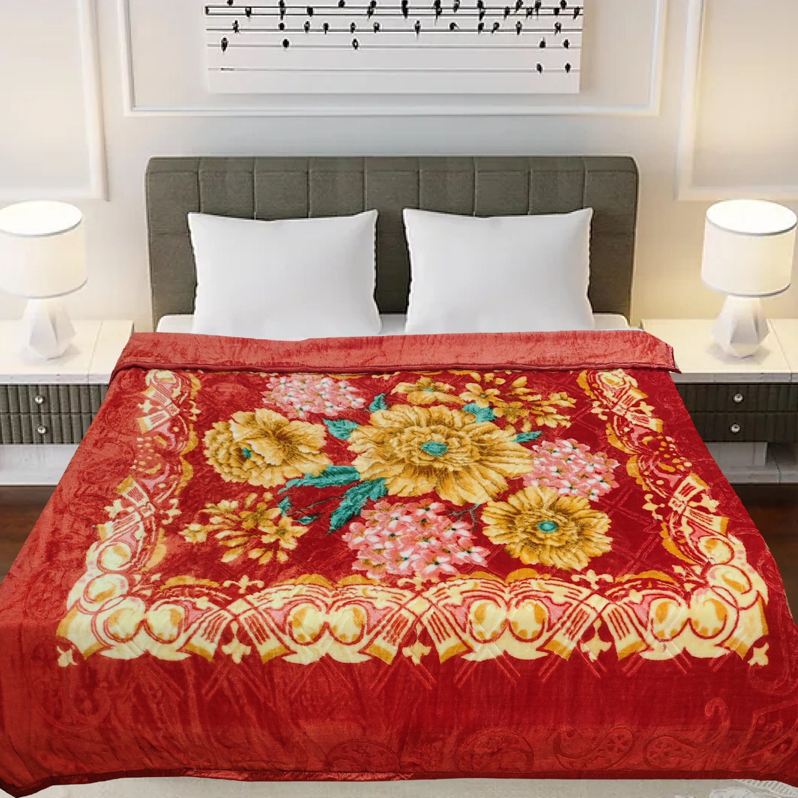 Printed Mink Blanket - Luxuriously Soft Mink Fabric, Extra Large Size 60x80 Inches, Elegant Floral Pattern, Ideal For Cozy Home Decor
