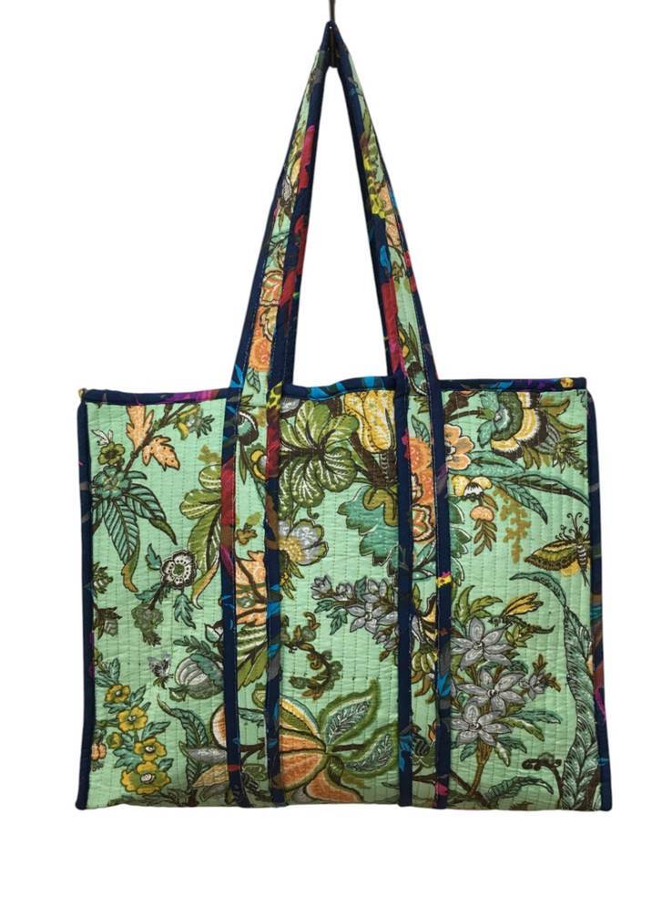 Screen Printed Cotton Quilted Tote Bags Without Zip - Cotton, 18x18 cm, Multicolor, Open Bag Design, 2 Handles, Customizable Patterns