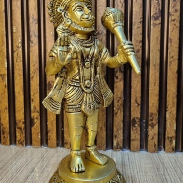 Aakrati Brass Hanuman Standing Religious Hindu Statue with Gada, Temple Decor Statue, Hindu God Figurine, Brass Lord Hanuman Statue ( Yellow)