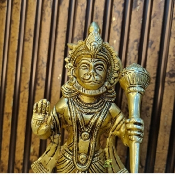 Aakrati Brass Hanuman Standing Religious Hindu Statue with Gada, Temple Decor Statue, Hindu God Figurine, Brass Lord Hanuman Statue ( Yellow)