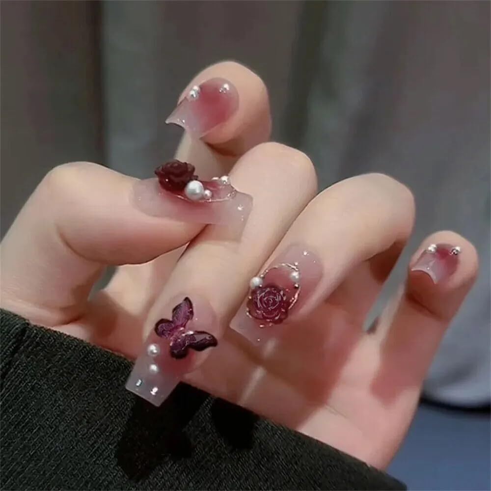 CherryBox Acrylic Press on Nails Designer Artificial Nails extension Glossy Red color with 3D butterfly & 3D flowers fake nail 24 pieces set (Jelly Glue Adhesive Tabs and Glue Included) (CB6011)