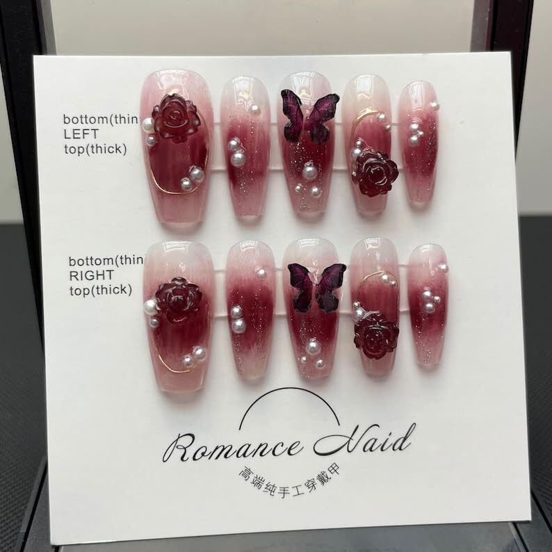 Cherrybox Acrylic Press On Nails Designer Artificial Nails Extension Glossy Red Color With 3d Butterfly & 3d Flowers Fake Nail 24 Pieces Set (Jelly Glue Adhesive Tabs And Glue Included) (Cb6011) - Ingredients: Glitters