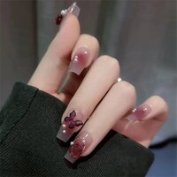 CherryBox Acrylic Press on Nails Designer Artificial Nails extension Glossy Red color with 3D butterfly & 3D flowers fake nail 24 pieces set (Jelly Glue Adhesive Tabs and Glue Included) (CB6011)