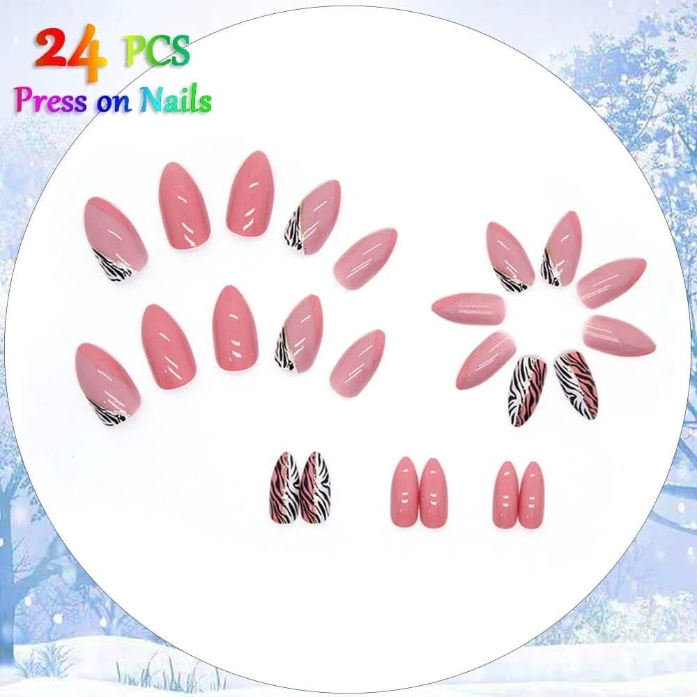 CherryBox Leopard print Round Shape Acrylic Pink Colour 24 pieces Set (Jelly Stick Sheet and Glue Included) (CB6012)