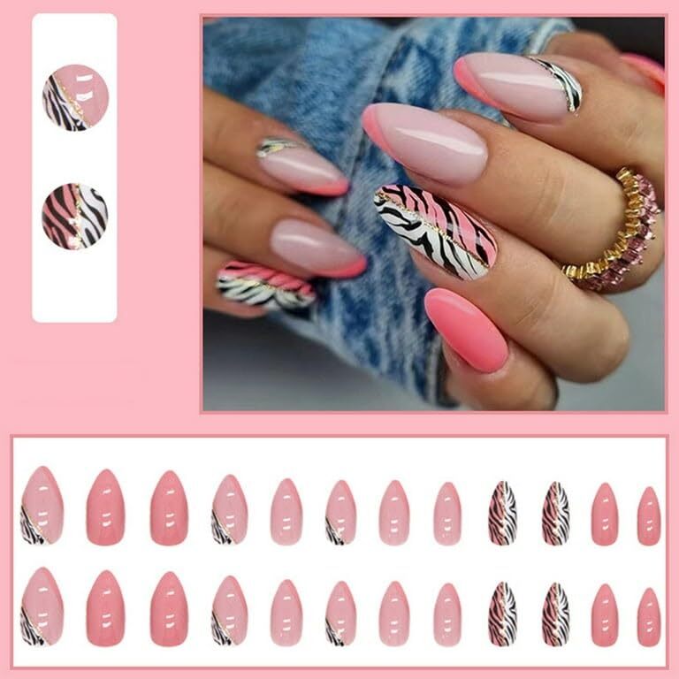 CherryBox Leopard print Round Shape Acrylic Pink Colour 24 pieces Set (Jelly Stick Sheet and Glue Included) (CB6012)