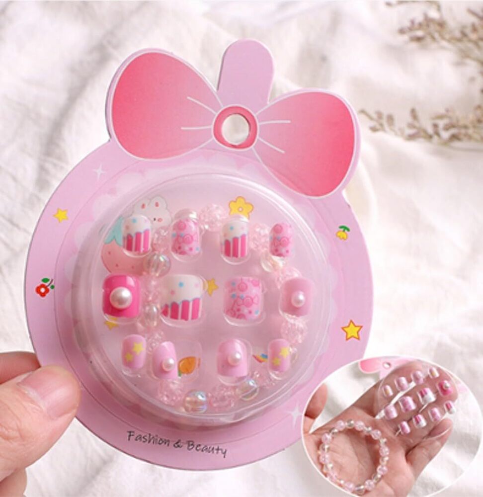 CherryBox Beautiful and Cute 3D Cartoon Press on Nails Set of 12 pieces Self Adhesive Nails with Bracelet for Kids (CB6013)