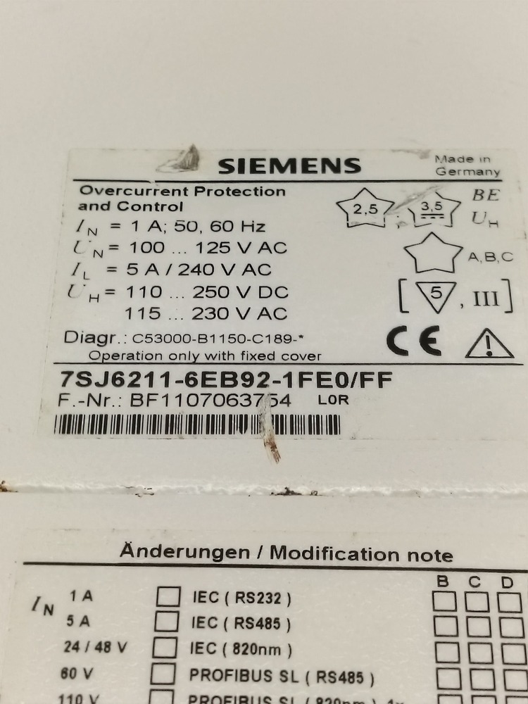 Siemens 7sj6211-6eb92-1fe0/ff Overcurrent Protection And Control Relay