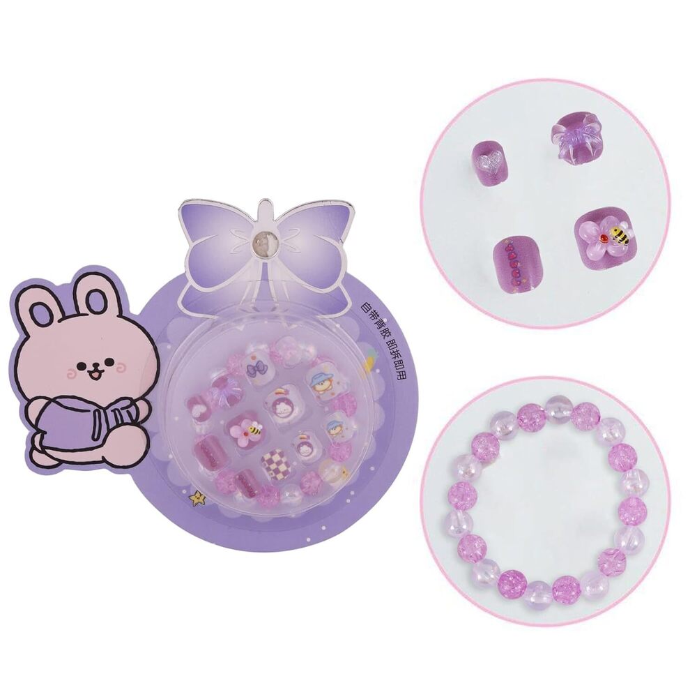 Cherrybox Beautiful And Cute 3d Cartoon Press On Nails Set Of 12 Pieces Self Adhesive Nails With Bracelet For Kids - Standard Size, Purple Color