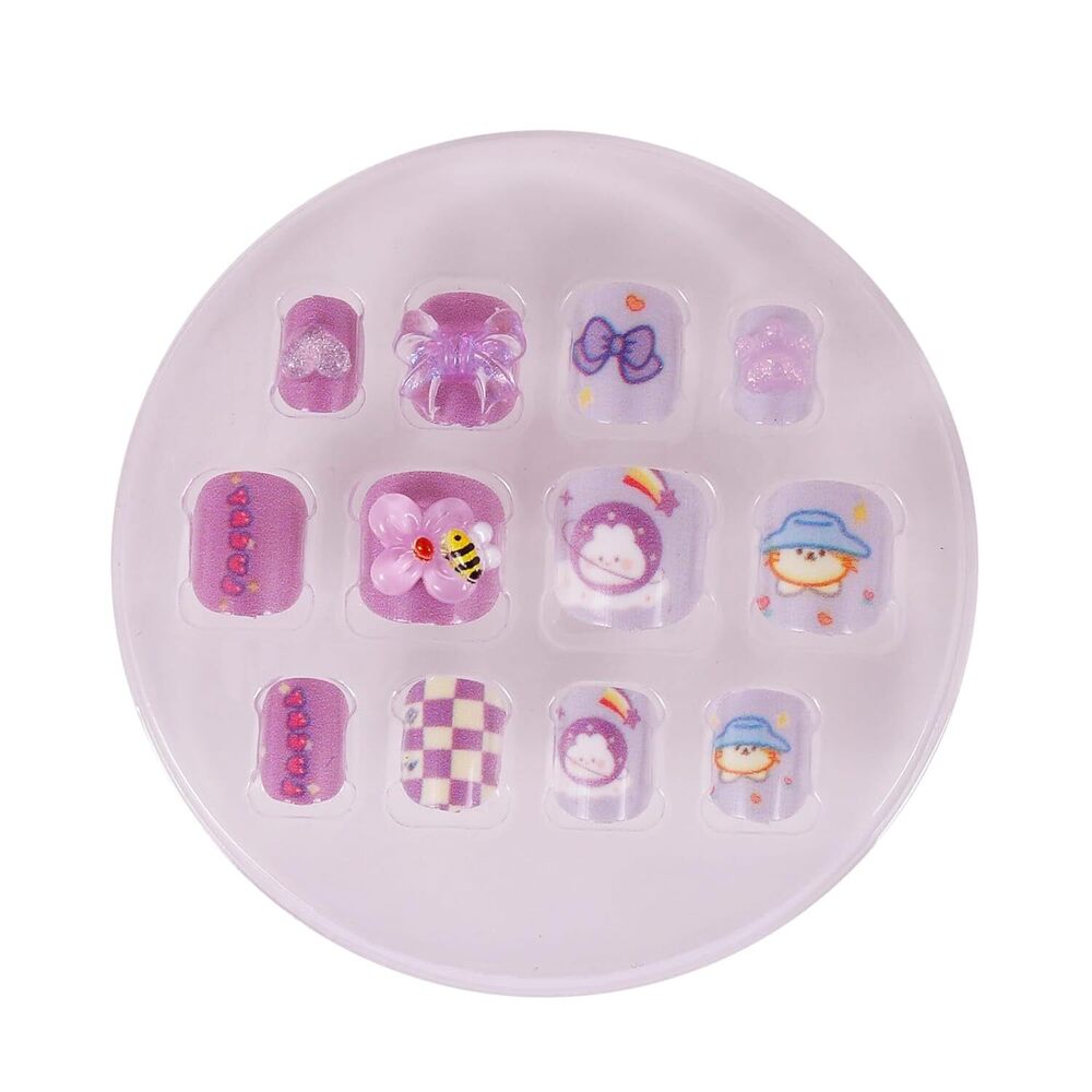 Cherrybox Beautiful And Cute 3d Cartoon Press On Nails Set Of 12 Pieces Self Adhesive Nails With Bracelet For Kids - Standard Size, Purple Color