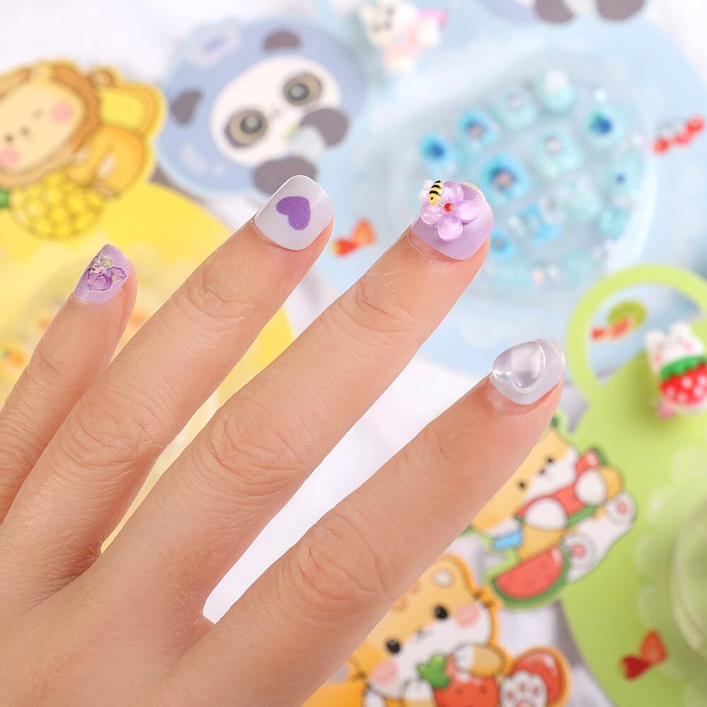 Cherrybox Beautiful And Cute 3d Cartoon Press On Nails Set Of 12 Pieces Self Adhesive Nails With Bracelet For Kids - Standard Size, Purple Color