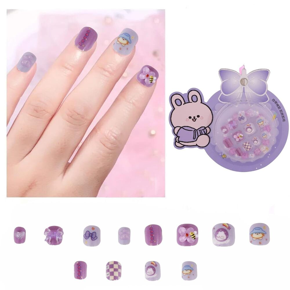 Cherrybox Beautiful And Cute 3d Cartoon Press On Nails Set Of 12 Pieces Self Adhesive Nails With Bracelet For Kids - Standard Size, Purple Color