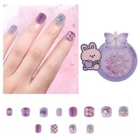 CherryBox Beautiful and Cute 3D Cartoon Press on Nails Set of 12 pieces Self Adhesive Nails with Bracelet for Kids (Purple) (CB6014)