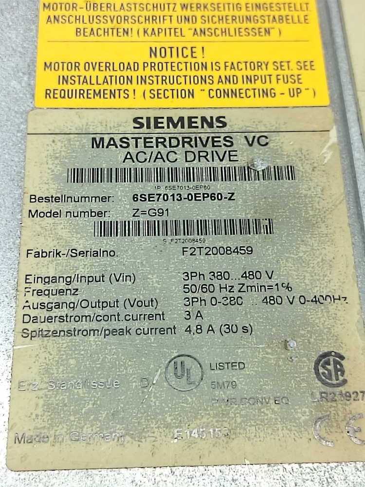 SIEMENS 6SE7013-OEP60-Z AC DRIVE