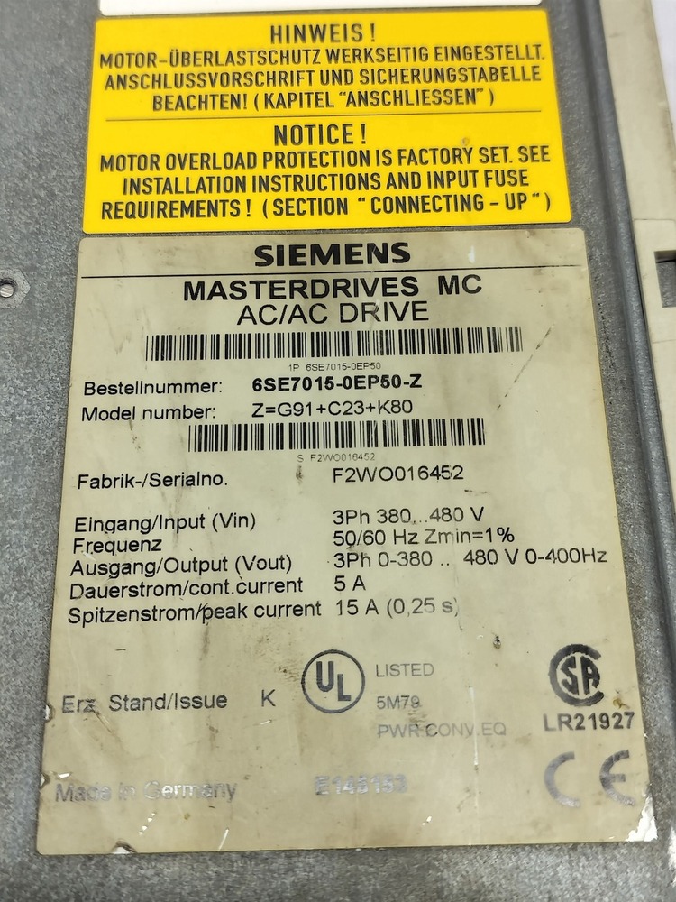 SIEMENS 6SE7015-OEP50-Z AC DRIVE