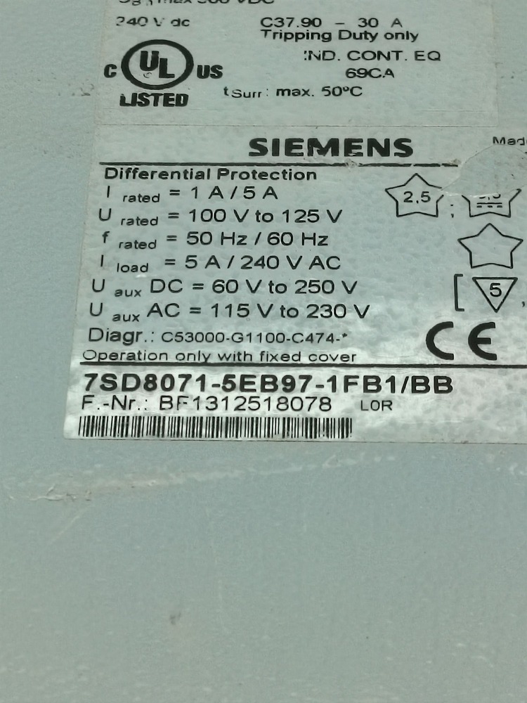 Siemens 7sd8071-5eb97-1fb1/bb Differential Protection Relay