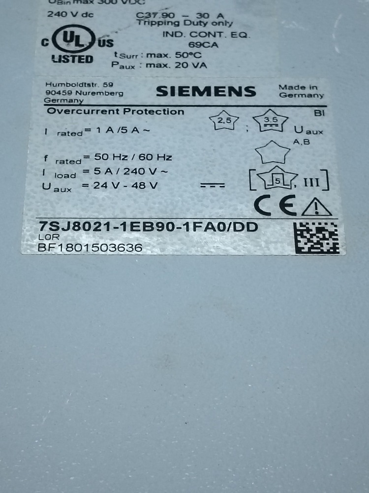 SIEMENS 7SJ8021-1EB90-1FAO/DD  OVERCURRENT PROTECTION