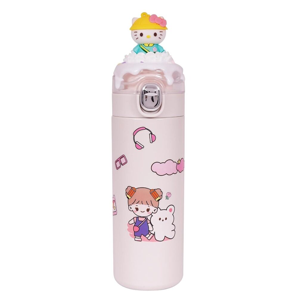 CherryBox Stainless Steel Water Bottle Classy 3D Kitty Top Flask Gift For Kids Boys and Girls -400 ML DIY Stcikers Included