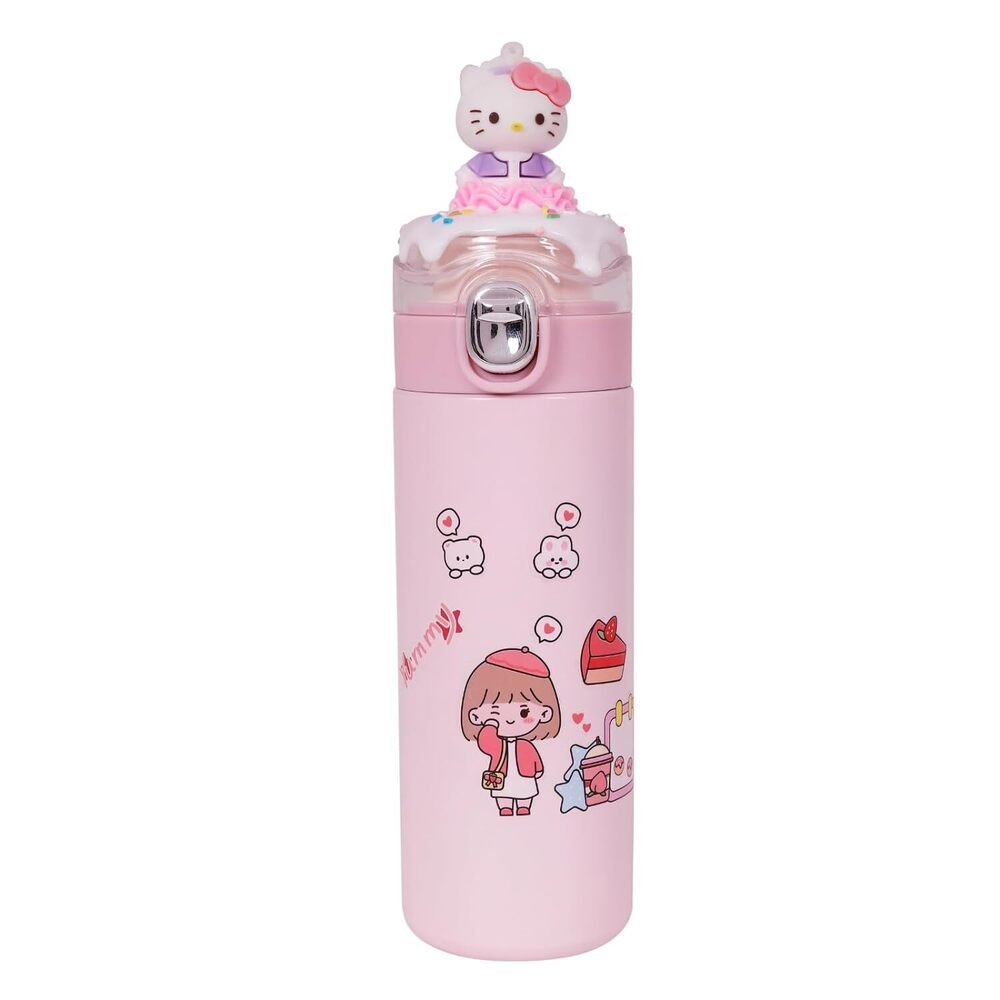 CherryBox Stainless Steel Water Bottle Classy 3D Kitty Top Flask Gift For Kids Boys and Girls -400 ML DIY Stcikers Included