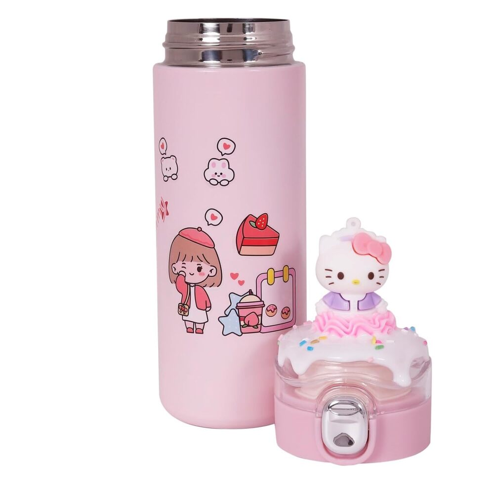 CherryBox Stainless Steel Water Bottle Classy 3D Kitty Top Flask Gift For Kids Boys and Girls -400 ML DIY Stcikers Included