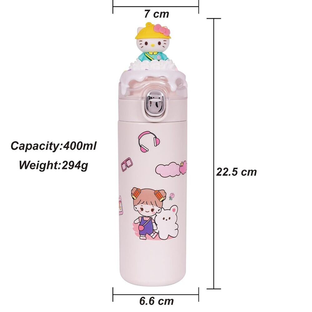 CherryBox Stainless Steel Water Bottle Classy 3D Kitty Top Flask Gift For Kids Boys and Girls -400 ML DIY Stcikers Included