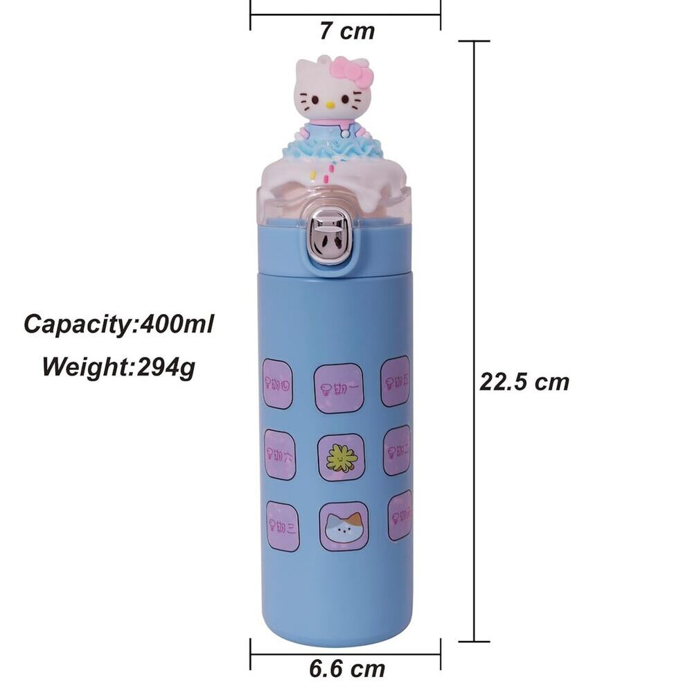 CherryBox Stainless Steel Water Bottle Classy 3D Kitty Top Flask Gift For Kids Boys and Girls -400 ML DIY Stcikers Included