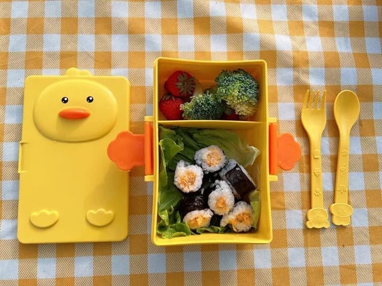 CherryBox Kids Double-Compartment Yellow Duck Cartoon Lunch Box with Spoon and Fork Dual airtight Lock BPA Free