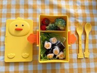CherryBox Kids Double-Compartment Yellow Duck Cartoon Lunch Box with Spoon and Fork Dual airtight Lock BPA Free