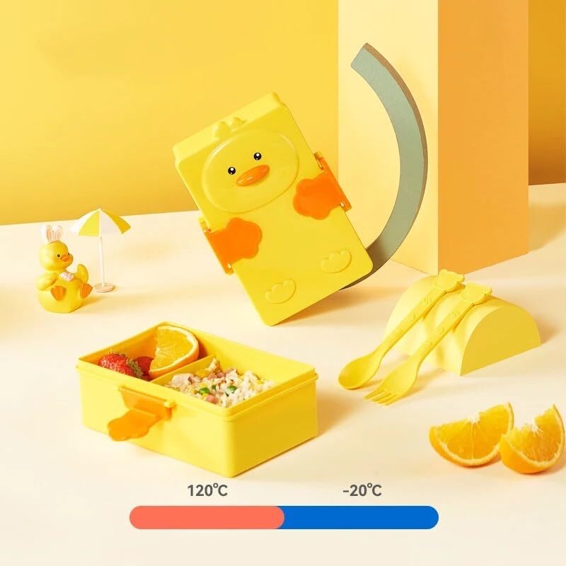 Cherrybox Kids Double-compartment Yellow Duck Cartoon Lunch Box With Spoon And Fork Dual Airtight Lock Bpa Free - Material: Plastic