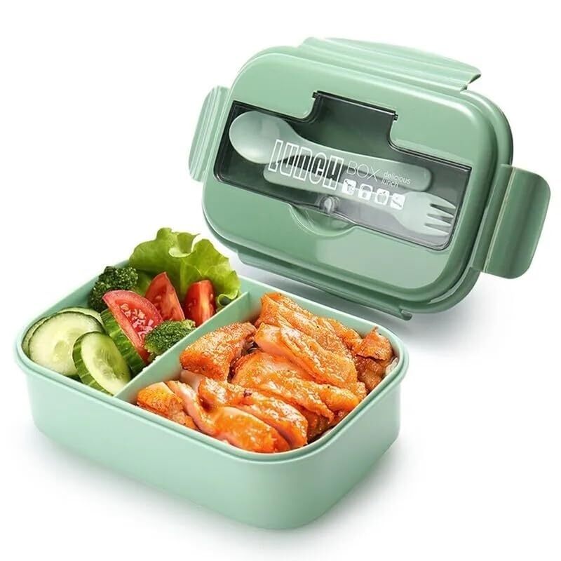 Cherrybox Bento Lunch Box - Abs Plastic, 1100ml Size, Green And Yellow | Reusable Divided Container, Leakproof Design With Cutlery For Kids And Adults