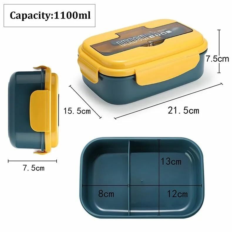 Cherrybox Bento Lunch Box - Abs Plastic, 1100ml Size, Green And Yellow | Reusable Divided Container, Leakproof Design With Cutlery For Kids And Adults