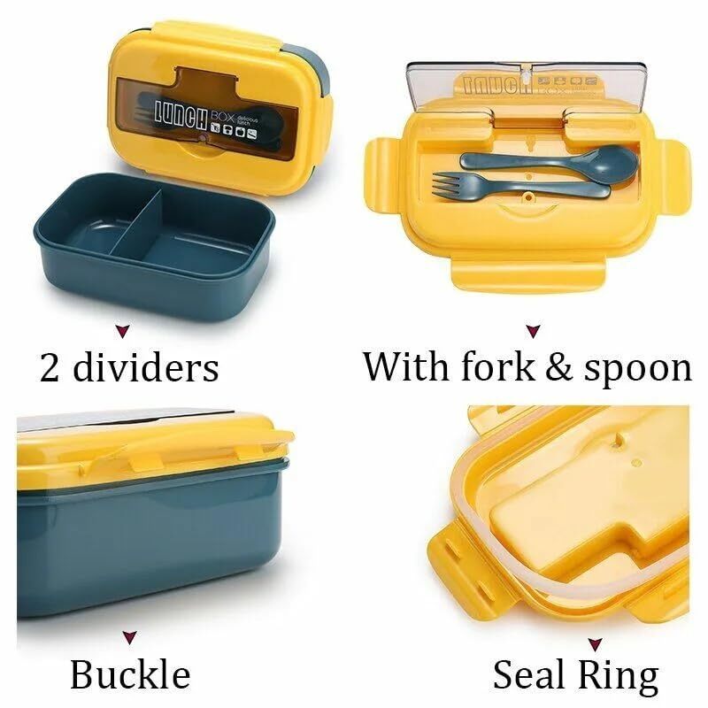 CherryBox Bento Lunch Box 1100ml Reusable Divided Container with 2 Compartments Leakproof Bento Boxes with Cutlery for Kids and Adults for School, Work and Travel
