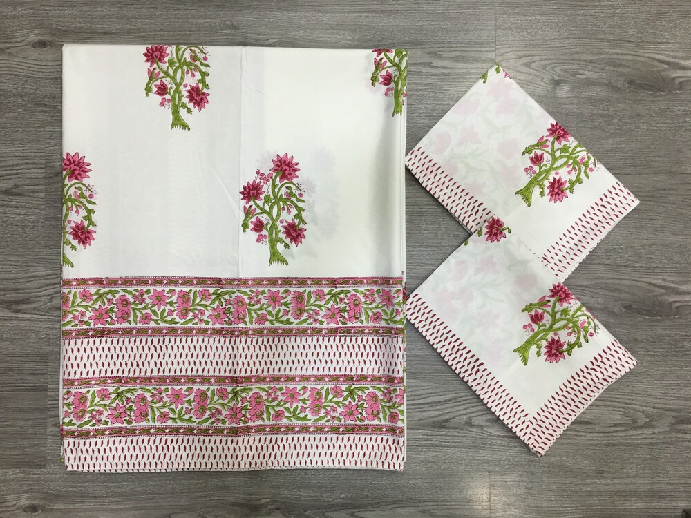 Hand Block Printed Percale Bedsheet - 100% Cotton, 90x108 Inches | Multicolor, Breathable, Washable, Includes 2 Pillowcases